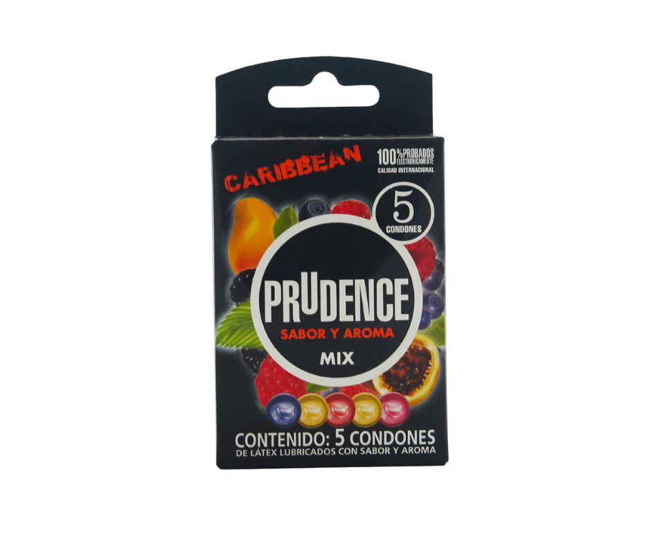 CONDONES PRUDENCE  SABOR Y AROMA MIX CARIBBEAN 5 PIEZAS